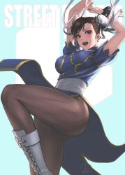 Rule 34 | 1girl, arms up, black eyes, black hair, blue dress, boots, bracelet, breasts, brown pantyhose, capcom, china dress, chinese clothes, chun-li, commentary request, copyright name, double bun, dress, earrings, gluteal fold, gold trim, hair bun, highres, jewelry, lips, looking at viewer, medium breasts, murasaki-sin, open mouth, panties, pantyhose, pelvic curtain, pink lips, sash, short sleeves, side slit, signature, solo, spiked bracelet, spikes, street fighter, street fighter 6, teeth, thighs, underwear, upper teeth only, white footwear, white sash