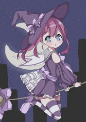 Rule 34 | 1girl, absurdres, blue eyes, blush, bow, broom, broom riding, commentary request, crescent moon, detached sleeves, dress, flying, hair between eyes, hamada pengin, hat, hat bow, highres, holding, long hair, long sleeves, looking at viewer, looking to the side, mary janes, moon, night, night sky, original, outdoors, parted lips, puffy long sleeves, puffy sleeves, purple bow, purple dress, purple footwear, purple hair, purple hat, sailor collar, sailor dress, shoes, sky, sleeveless, sleeveless dress, solo, star (sky), starry moon, starry sky, striped clothes, striped thighhighs, thighhighs, white sailor collar, witch, witch hat