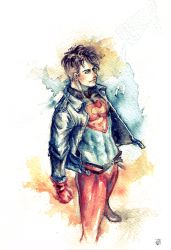 Rule 34 | 1boy, akimao, belt, black hair, blue eyes, bodysuit, boots, dc comics, gloves, jacket, kon-el, leather, leather jacket, male focus, s shield, solo, superboy, superman (series)