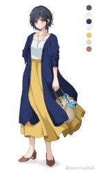 Rule 34 | 1girl, arm at side, basket, black hair, blue cardigan, blue eyes, blush, breasts, brown footwear, cardigan, closed mouth, collarbone, color guide, commentary, dated commentary, dot nose, earrings, full body, hand on own hip, high-waist skirt, highres, holding, holding basket, jewelry, kakuremino7928, long eyelashes, long skirt, looking ahead, necklace, no socks, open cardigan, open clothes, original, pendant, shadow, shirt, shoes, short hair, simple background, skirt, sleeves past elbows, sleeves pushed up, small breasts, solo, standing, swept bangs, tassel, tassel earrings, twitter username, white background, white shirt, yellow skirt