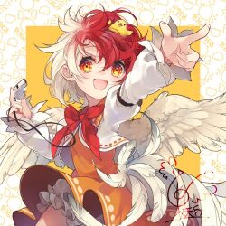 Rule 34 | 1girl, artist logo, bird, bloomers, chick, cowboy shot, dress, feathered wings, fingernails, hair between eyes, holding, jacket, long sleeves, medium hair, multicolored hair, niwatari kutaka, open mouth, orange dress, outstretched arm, pointing, red eyes, red hair, smile, solo, touhou, toutenkou, two-tone hair, underwear, whistle, white bloomers, white hair, white jacket, wings, yellow background