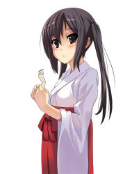 Rule 34 | 1girl, asakura ryou (artist), black hair, brown eyes, from side, hino minato (spec.c), japanese clothes, k-on!, long hair, lowres, miko, nakano azusa, omikuji, simple background, solo, twintails, white background