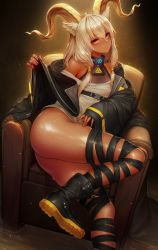 Rule 34 | 1girl, animal ears, arknights, bare shoulders, beeswax (arknights), black footwear, black jacket, black ribbon, blouse, boots, chair, curled horns, dark-skinned female, dark skin, female focus, highres, horns, infection monitor (arknights), jacket, leg ribbon, long hair, long sleeves, looking at viewer, no pants, off shoulder, open clothes, open jacket, ribbon, shirt, sitting, skindentation, sleeveless, sleeveless shirt, solo, sweatdrop, thighs, vana, white hair, white shirt, yellow eyes