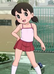 Rule 34 | 1girl, brown eyes, brown hair, child, doraemon, minamoto shizuka, rico (jackdoa), skirt, socks, twintails