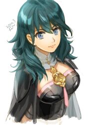 Rule 34 | 1girl, black cape, blue eyes, breasts, byleth (fire emblem), cape, closed mouth, cropped torso, dated, eyelashes, fire emblem, fire emblem: three houses, fon-due (fonfon), green hair, hair between eyes, large breasts, long hair, looking at viewer, nintendo, solo, tassel, white background