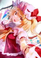 Rule 34 | 1girl, alto2019, ascot, blonde hair, crystal wings, flandre scarlet, hat, hat ribbon, highres, mob cap, puffy short sleeves, puffy sleeves, reaching, reaching towards viewer, red eyes, red ribbon, red skirt, red vest, ribbon, shirt, short sleeves, skirt, skirt set, solo, touhou, vest, white hat, white shirt, wrist cuffs, yellow ascot