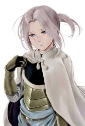 Rule 34 | armor, arslan, arslan (arslan senki), arslan senki, blue eyes, breastplate, cape, commentary request, floating hair, looking at viewer, parted bangs, ponytail, simple background, standing, wa (genryusui), white background, white cape