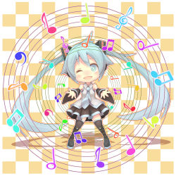Rule 34 | 1girl, aqua eyes, aqua hair, chibi, detached sleeves, hatsune miku, highres, long hair, looking at viewer, musical note, open mouth, shiitake (mm0820), skirt, smile, solo, thighhighs, twintails, very long hair, vocaloid, wink