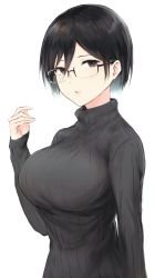 Rule 34 | 1girl, absurdres, arm at side, black-framed eyewear, black hair, bralines, breasts, commentary request, eyebrows hidden by hair, fingernails, glasses, gradient eyes, grey sweater, hand up, highres, hometa, large breasts, long sleeves, looking at viewer, multicolored eyes, original, parted lips, ribbed sweater, rimless eyewear, short hair, sleeves past wrists, solo, standing, sweater, turtleneck, turtleneck sweater, upper body, white background