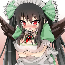 Rule 34 | 1girl, apron, bad id, bad pixiv id, black hair, black wings, blush, breasts, cleavage, crossed arms, dress, female focus, givuchoko, green dress, hair ribbon, large breasts, long hair, maid, maid apron, maid headdress, open mouth, red eyes, reiuji utsuho, ribbon, solo, tears, third eye, touhou, twintails, wings