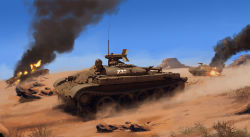 Rule 34 | 3m7 drakon missile, anti-tank guided missile, anti-tank missile, armored fighting vehicle, artist request, day, desert, fire, it-1, military, military vehicle, missile, missile tank, motor vehicle, no humans, original, precision-guided munition, sky, smoke, smoking, surface-to-surface missile, t-54 (soviet), tank, tank destroyer, vehicle focus