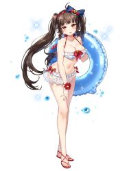 Rule 34 | 1girl, absurdres, ahoge, bare shoulders, blush, breasts, brown hair, cleavage, hair ribbon, hairband, highres, large breasts, lifebuoy, lily bloomerchen, long hair, looking at viewer, navel, open mouth, red eyes, ribbon, solo, soulworker, standing, swim ring, swimsuit, twintails
