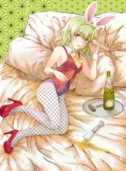 Rule 34 | 1girl, alcohol, animal ears, ascot, bed, bottle, chalice, champagne, corkscrew, cup, female focus, fishnet pantyhose, fishnets, green hair, high heels, highres, kazami yuuka, kenshin (kenshin3), leotard, lying, nail polish, on side, pantyhose, plaid, plaid vest, playboy bunny, rabbit ears, rabbit tail, red eyes, red footwear, red nails, red vest, shoes, short hair, solo, spill, tail, touhou, unmoving pattern, vest, wine, yellow ascot