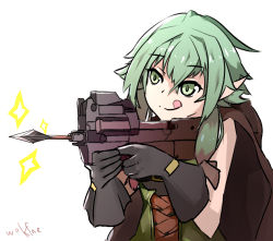 Rule 34 | 10s, 1girl, arrow (projectile), bullpup, elf, gloves, goblin slayer!, green eyes, green hair, gun, high elf archer (goblin slayer!), holding, holding gun, holding weapon, p90, personal defense weapon, pointy ears, simple background, submachine gun, weapon, wolfkine