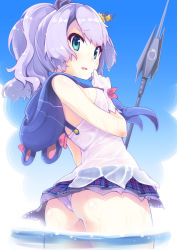 Rule 34 | 1girl, ass, azur lane, blush, breasts, covered erect nipples, cowboy shot, crown, facing away, from below, gloves, green eyes, hand to own mouth, highres, hood, javelin (azur lane), light purple hair, looking at viewer, mini crown, miniskirt, open mouth, panties, pantyshot, partially submerged, polearm, ponytail, purple panties, see-through, shiny skin, skirt, small breasts, solo, standing, underwear, wading, water, weapon, wet, wet clothes, wet hair, white gloves, yamabuki zarame