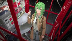 Rule 34 | 1girl, ahoge, bag, belt, black ribbon, blue pants, brown coat, coat, foreshortening, from above, green eyes, gumi, hand up, highres, holding, holding phone, looking at viewer, looking up, medium hair, neck ribbon, night, pants, phone, phone booth, rain, ribbon, shirt, shoulder bag, sidelocks, solo, standing, symbol-only commentary, vocaloid, water drop, white shirt, wounds404