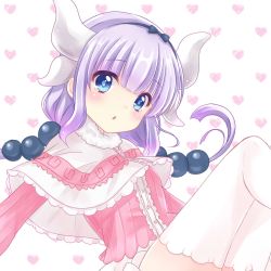 Rule 34 | 10s, 1girl, blue eyes, capelet, chestnut mouth, commentary request, dragon girl, dragon horns, dragon tail, hair bobbles, hair ornament, hairband, highres, horns, kanna kamui, kobayashi-san chi no maidragon, light purple hair, long hair, looking at viewer, low twintails, parted lips, risako (risarisawahuwahu), sitting, solo, tail, thighhighs, twintails, white thighhighs, zettai ryouiki