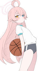 Rule 34 | 1girl, absurdres, ahoge, arched back, ball, bare legs, basketball, basketball (object), black bloomers, bloomers, blue archive, blue eyes, blush, flat chest, halo, heterochromia, highres, hoshino (blue archive), long hair, looking at viewer, mistel (sukebemistel), pink hair, pink halo, shirt, short sleeves, simple background, solo, sportswear, standing, underwear, very long hair, white background, white shirt, yellow eyes