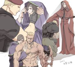 Rule 34 | 2boys, abs, bara, beret, black gloves, blonde hair, boots, brown hair, closed eyes, couple, evil smile, fingerless gloves, gloves, green pants, hand on another&#039;s face, hat, hood, hood down, hood up, hooded robe, jack krauser, kneeling, large pectorals, leon s. kennedy, multiple boys, muscular, muscular male, navel, pants, pectorals, purple robe, red robe, resident evil, resident evil: the darkside chronicles, resident evil 4, robe, scar, scar on face, scar on mouth, short hair, smile, tatsumi (psmhbpiuczn), yaoi