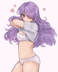 Rule 34 | 1girl, bra, breasts, camilla (fire emblem), clothes lift, commentary, cowboy shot, fire emblem, fire emblem fates, grey background, grey shirt, heart, highres, lifted by self, long hair, looking at viewer, medium breasts, navel, nintendo, panties, purple eyes, purple hair, purrlucii, shirt, shirt lift, short sleeves, simple background, solo, standing, stomach, thighs, underwear, undressing, very long hair, white bra, white panties