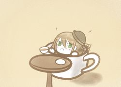 Rule 34 | 1girl, aquila (azur lane), aquila (green garden elegant sadia) (azur lane), azur lane, black headwear, chibi, cup, green eyes, hair between eyes, holding, holding cup, in container, in cup, koti, official alternate costume, round table, simple background, solo, table, yellow background