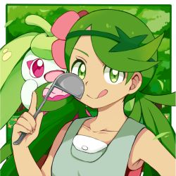 Rule 34 | 1girl, :q, creatures (company), cu-sith, flower, game freak, gen 7 pokemon, green background, green eyes, green hair, hair flower, hair ornament, ladle, long hair, mallow (pokemon), nintendo, pokemon, pokemon (creature), pokemon sm, steenee, tongue, tongue out, trial captain, twintails
