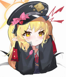 Rule 34 | 1girl, black coat, black dress, black hat, blonde hair, blue archive, blush, closed mouth, coat, collared shirt, dress, halo, hat, highres, ibuki (blue archive), long hair, measho, peaked cap, pointy ears, shirt, simple background, sleeves past fingers, sleeves past wrists, solo, upper body, white background, white shirt, yellow eyes, yellow halo