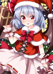 Rule 34 | 1girl, bat wings, black pantyhose, blue hair, blush, box, capelet, christmas, christmas lights, dress, fur-trimmed capelet, fur trim, gift, gift box, hair between eyes, hat, highres, holding, holding gift, open mouth, pantyhose, pink dress, pom pom (clothes), red capelet, red eyes, red hat, remilia scarlet, ruu (tksymkw), santa hat, short hair, solo, touhou, wings, wrist cuffs