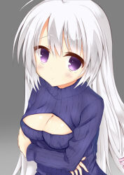 Rule 34 | 1girl, ahoge, arms under breasts, ayachi nene, blush, breasts, cleavage, cleavage cutout, closed mouth, clothing cutout, commentary request, embarrassed, grey background, grey hair, igarashi kenji, large breasts, long hair, long sleeves, looking at viewer, meme attire, open-chest sweater, purple eyes, ribbed sweater, sanoba witch, shiny skin, simple background, solo, straight hair, sweater, tears, turtleneck, turtleneck sweater, upper body, upturned eyes, very long hair