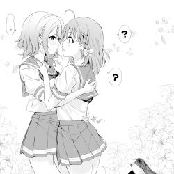 Rule 34 | ..., 2girls, ?, ahoge, bow, braid, breasts, commentary request, cowboy shot, earrings, eye contact, floral background, flower, from side, greyscale, hair bow, hands on another&#039;s shoulders, heart, highres, hug, jewelry, leg up, lily (flower), looking at another, love live!, love live! sunshine!!, medium breasts, medium skirt, miniskirt, monochrome, multiple girls, neckerchief, pleated skirt, profile, sailor collar, school uniform, serafuku, shoes, short hair, short sleeves, side braid, skirt, spoken ellipsis, spoken question mark, standing, standing on one leg, takami chika, translation request, uwabaki, v-shaped eyebrows, watanabe you, yuri, yuuki (nijiiro palette)