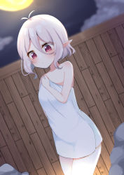 Rule 34 | 1girl, :o, antenna hair, bare arms, bare shoulders, blurry, blurry background, blush, breasts, cloud, collarbone, commentary request, depth of field, dutch angle, fence, full moon, hair between eyes, hand up, highres, kokkoro (princess connect!), moon, naked towel, night, night sky, outdoors, parted lips, pointy ears, princess connect!, red eyes, silver hair, sky, small breasts, solo, standing, suzu (minagi), towel