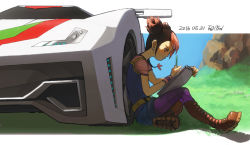 Rule 34 | 1girl, autobot, brown hair, car, commentary, dated, double bun, drawing, english commentary, grass, hair bun, looking down, miko nakadai, motor vehicle, oimobugs, sitting, transformers, transformers prime, wheeljack