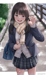 Rule 34 | 1girl, :d, animification, artist name, bag, black hair, black skirt, blazer, blue jacket, blush, brown eyes, brown scarf, bush, buttons, cardigan, commentary request, cowboy shot, highres, jacket, long hair, long sleeves, looking at viewer, making-of available, open mouth, original, outdoors, plaid, plaid skirt, railing, real life, scarf, school bag, school uniform, skirt, smile, solo, standing, tenpa (tenpa2190), twitter username, watermark, white cardigan, winter uniform
