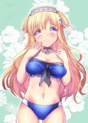 Rule 34 | 1girl, bikini, blonde hair, blue background, blue bikini, blue eyes, breasts, cleavage, commentary request, cosplay, cowboy shot, double bun, fletcher (kancolle), floral background, gluteal fold, hair bun, hair ornament, hairband, ittokyu, johnston (kancolle), johnston (kancolle) (cosplay), kantai collection, large breasts, long hair, looking at viewer, smile, solo, star (symbol), star hair ornament, swimsuit