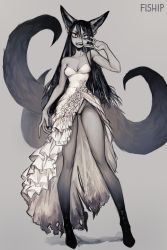 Rule 34 | 1girl, absurdres, animal ear fluff, animal ears, artist name, bare arms, bare shoulders, black hair, breasts, collarbone, commentary, dress, english commentary, fangs, fingernails, fox ears, fox girl, fox tail, full body, grey background, grey eyes, hair between eyes, hand up, highres, jewelry, long hair, looking at viewer, matilda fiship, medium breasts, multiple tails, open mouth, original, panties, ring, sharp fingernails, simple background, slit pupils, solo, standing, strapless, strapless dress, tail, teeth, torn clothes, torn dress, underwear, v-shaped eyebrows, white dress, white panties