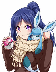 Rule 34 | 1girl, blue hair, brown jacket, closed mouth, creatures (company), fingernails, game freak, gen 4 pokemon, glaceon, hands up, holding, holding poke ball, jacket, long sleeves, looking at viewer, love ball, love live!, love live! sunshine!!, matsuura kanan, nintendo, on shoulder, poke ball, pokemon, pokemon (creature), pokemon on shoulder, purple eyes, scarf, simple background, smile, white background, yellow scarf, yopparai oni