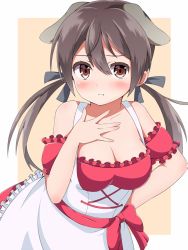 Rule 34 | 1girl, :t, animal ears, bare shoulders, blush, bow, breasts, brown eyes, brown hair, cleavage, collarbone, detached sleeves, dirndl, dog ears, dress, frills, german clothes, gertrud barkhorn, hair ribbon, hand on own chest, large breasts, long hair, looking at viewer, official alternate costume, ribbon, shiromisoaji, solo, strike witches, twintails, world witches series
