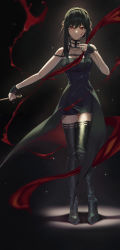 Rule 34 | 1girl, absurdres, black background, black dress, black footwear, black hair, blood, blood on face, boots, bow, closed mouth, dress, full body, hair between eyes, hair bow, hairband, highres, holding, holding weapon, looking at viewer, nail polish, red eyes, red nails, short dress, short hair with long locks, sidelocks, sleeveless, sleeveless dress, smile, solo, spy x family, standing, suzu (user kdex8732), thigh boots, thighhighs, weapon, yellow bow, yellow hairband, yor briar, zettai ryouiki