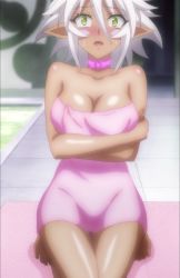 Rule 34 | 10s, 1girl, absurdres, bare shoulders, barefoot, blush, breasts, cleavage, dark skin, dark-skinned female, feet, female focus, highres, large breasts, shinmai maou no testament, short hair, solo, stitched, third-party edit, towel, white hair, zest