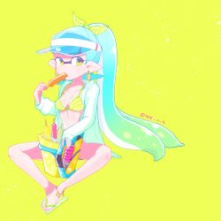 Rule 34 | 1girl, alternate hairstyle, amamiya yuumu, anklet, aqua hair, bad id, bad pixiv id, bikini, bikini top only, breasts, diagonal stripes, earrings, food, full body, hair ribbon, ice, inkling, inkling player character, jacket, jewelry, licking, long hair, looking at viewer, nintendo, open clothes, open jacket, pointy ears, ponytail, popsicle, ribbon, sandals, sitting, slosher (splatoon), small breasts, solo, splatoon (series), splatoon 1, striped bikini, striped clothes, swimsuit, tentacle hair, twitter username, yellow background, yellow bikini, yellow eyes