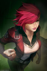 Rule 34 | 1girl, arcane: league of legends, arcane vi, asymmetrical hair, bandaged arm, bandages, breasts, clenched hand, facial tattoo, freckles, green eyes, highres, jacket, kopianget, league of legends, medium breasts, nose piercing, open clothes, open jacket, piercing, pink hair, short hair, short sleeves, sidecut, solo, tattoo, undercut, vi (league of legends)