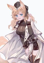 Rule 34 | 1girl, :d, aihara (aiharaorenji), animal ear fluff, animal ears, arknights, black headwear, black ribbon, blonde hair, blue eyes, breasts, cape, commentary, cowboy shot, grey background, grey shirt, grey thighhighs, hair ribbon, hand in own hair, hand up, horse girl, long hair, long sleeves, looking at viewer, medium breasts, open mouth, ribbon, shirt, simple background, smile, solo, standing, thighhighs, whislash (arknights), white cape