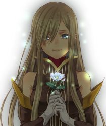 Rule 34 | 1girl, bare shoulders, blue eyes, breasts, brown hair, detached sleeves, dress, flower, gloves, hair over one eye, high collar, holding, holding flower, large breasts, long hair, looking at viewer, mikantabetaizoo, own hands together, simple background, sleeveless, sleeveless dress, smile, solo, tales of (series), tales of the abyss, tear grants, upper body, white gloves
