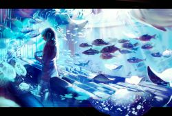 Rule 34 | 1girl, air bubble, blue theme, bubble, chair, commentary, dark, fish, indoors, jellyfish, letterboxed, light, light rays, movie theater, no eyes, original, outside border, scarf, short twintails, solo, spencer sais, stingray, surreal, twintails, underwater, water