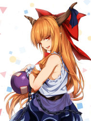 Rule 34 | 1girl, asutora, bare shoulders, belt, blue skirt, bow, bowtie, chain, cuffs, from behind, gourd, hair bow, half-closed eyes, highres, horn ornament, horn ribbon, horns, ibuki suika, long hair, looking at viewer, looking back, open mouth, orange eyes, orange hair, pointy ears, red bow, red bowtie, ribbon, shackles, shirt, skirt, sleeveless, solo, torn clothes, torn sleeves, touhou, upper body, very long hair, white background, white shirt, wrist cuffs