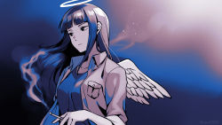 Rule 34 | 1girl, angel, angel wings, asada hachi, banned artist, black eyes, blue background, blue shirt, blunt bangs, breasts, cigarette, collarbone, commentary, feathered wings, from side, gradient background, grey jacket, grey wings, haibane renmei, halo, highres, holding, holding cigarette, jacket, limited palette, long hair, mini wings, open clothes, open jacket, parted lips, reki (haibane), shirt, simple background, sleeves rolled up, smoke, smoking, solo, twitter username, upper body, watermark, wings