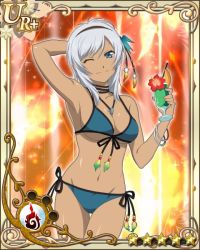 Rule 34 | bikini, blue eyes, breasts, cocktail, dark skin, drink, jewelry, large breasts, navel, necklace, official art, one eye closed, ring, rondorine e. effenberg, smile, swimsuit, tales of (series), tales of kizna, tales of phantasia, tales of phantasia: narikiri dungeon x, tales of phantasia narikiri dungeon, white hair, wink