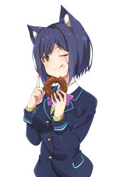 Rule 34 | 1girl, ;q, absurdres, animal ears, blazer, blue hair, blue jacket, blush, bow, cat ears, doughnut, eating, food, food on face, fujita 758634, highres, index finger raised, jacket, looking at viewer, nijisanji, one eye closed, purple bow, school uniform, shizuka rin, short hair, simple background, smile, solo, tongue, tongue out, virtual youtuber, white background, yellow eyes
