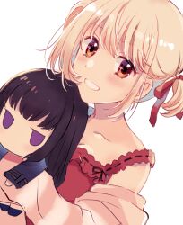 Rule 34 | 1girl, absurdres, black hair, blonde hair, blush, camisole, character doll, clenched teeth, collarbone, commentary, dutch angle, hair ribbon, highres, inoue takina, jitome, long sleeves, looking at viewer, lycoris recoil, nishikigi chisato, off shoulder, purple eyes, red camisole, red eyes, red ribbon, ribbon, sango (sango3 3), short hair, sidelocks, simple background, smile, solo, teeth, twintails, upper body, white background
