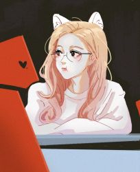 Rule 34 | 1girl, animal ear fluff, animal ears, animification, blonde hair, blush, brown eyes, cat ears, cat girl, commentary, crossed arms, glasses, hair behind ear, heart, k-pop, kemonomimi mode, looking to the side, portrait, pout, pt a (mhpnnnn), real life, round eyewear, sana (twice), solo, sweater, symbol-only commentary, twice (group), white sweater